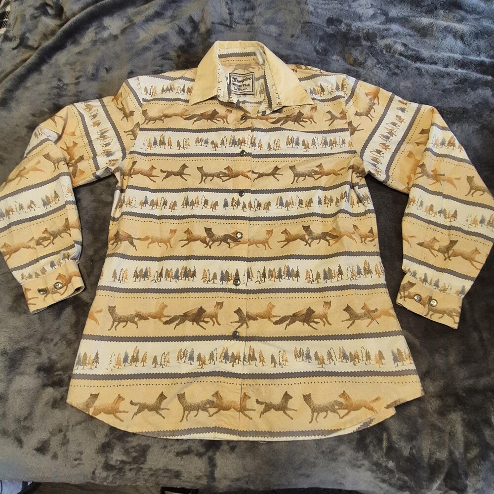 Vintage Wrangler Shirt Womens Medium Beige Western Fox Print Pearl Snap 70s 80s